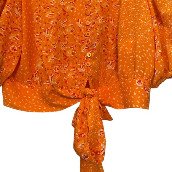 Joie Orange Floral Print Elbow Length Puff Sleeve Crop Top - Picture 4 of 12